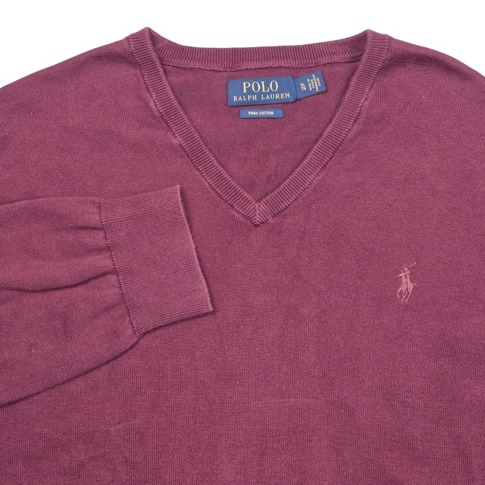 Polo Ralph Lauren Mens V Neck Sweater Burgundy Pima Cotton Long Sleeve XL
